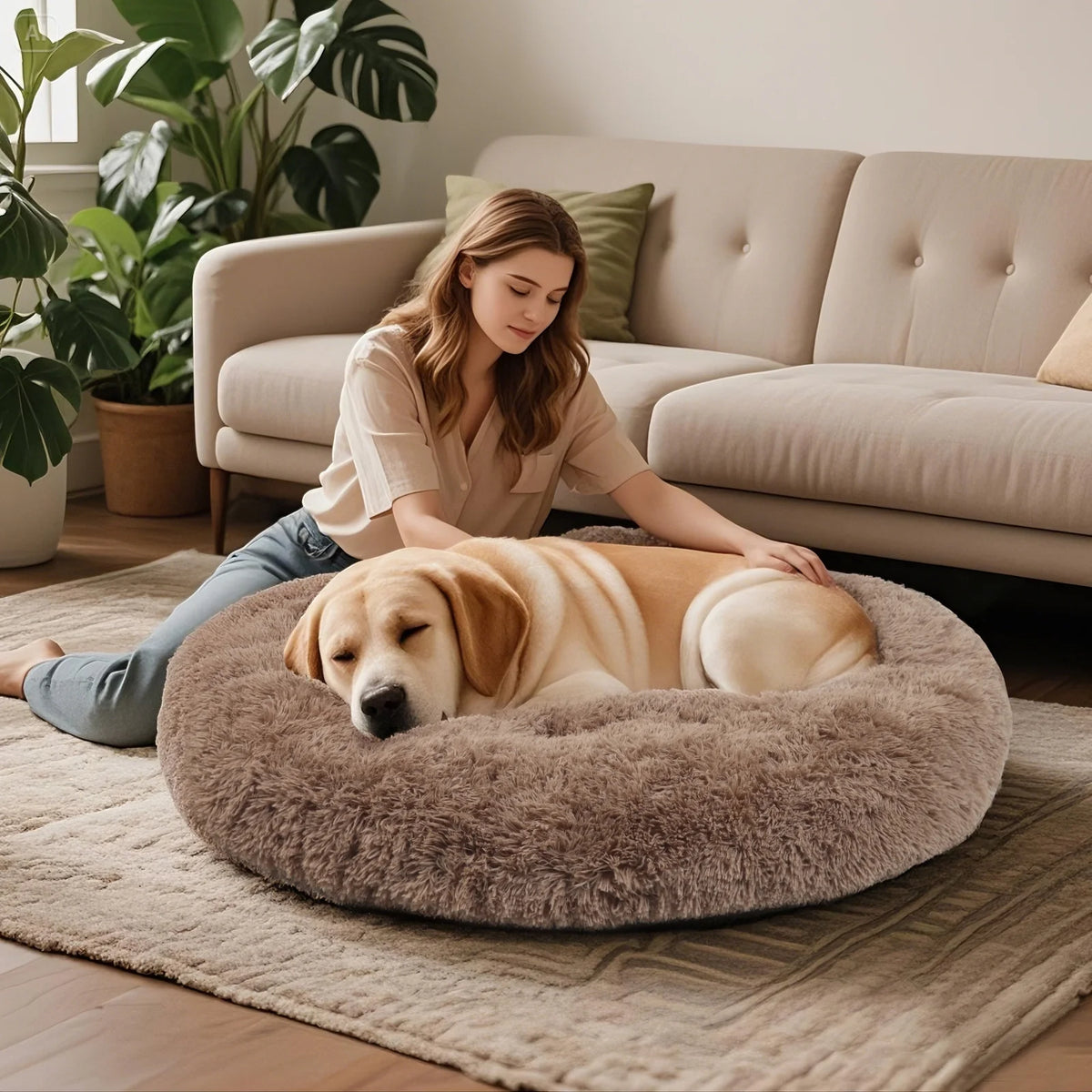 Dog Bed for Large Dogs,Fluffy Calming Donut Dog Beds,40 Inch Washable Plush round Dog Mat with Non-Slip Bottom,Khaki