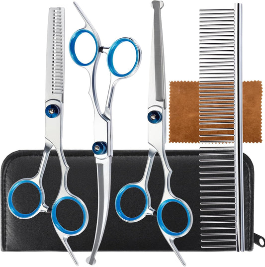 5 in 1 Premium Dog Grooming Scissors, Professional Dog Scissors for Grooming with Safety round Tips,  Stainless Steel Thinning Shears, Pet Cat Shears for Grooming Kit