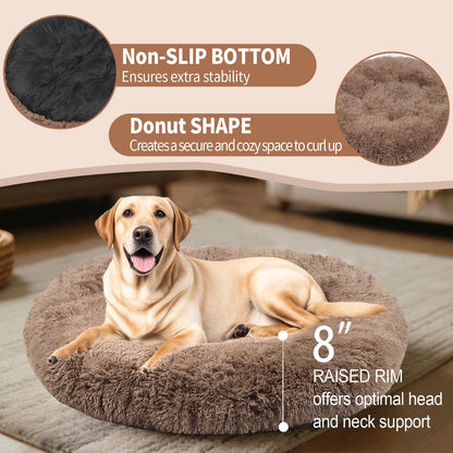 Dog Bed for Large Dogs,Fluffy Calming Donut Dog Beds,40 Inch Washable Plush round Dog Mat with Non-Slip Bottom,Khaki