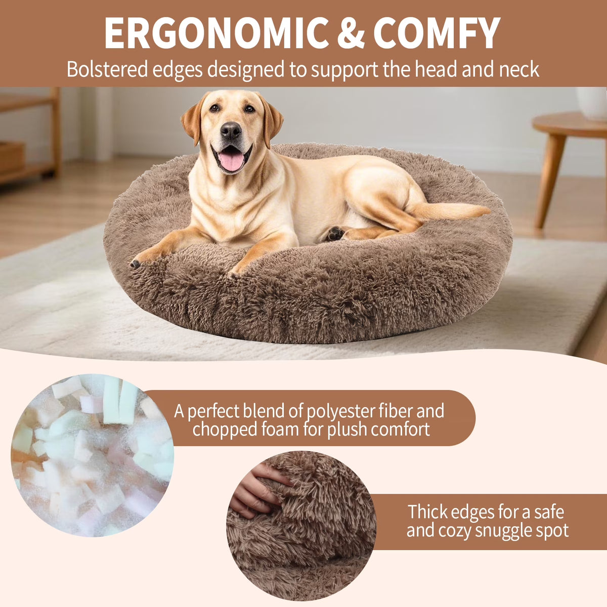 Dog Bed for Large Dogs,Fluffy Calming Donut Dog Beds,40 Inch Washable Plush round Dog Mat with Non-Slip Bottom,Khaki
