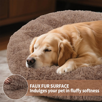 Dog Bed for Large Dogs,Fluffy Calming Donut Dog Beds,40 Inch Washable Plush round Dog Mat with Non-Slip Bottom,Khaki