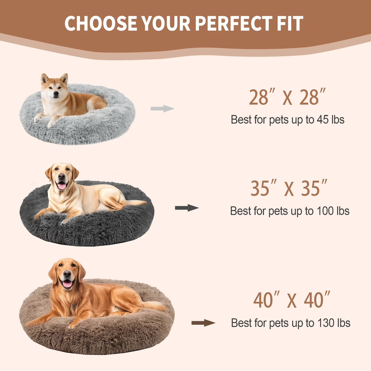 Dog Bed for Large Dogs,Fluffy Calming Donut Dog Beds,40 Inch Washable Plush round Dog Mat with Non-Slip Bottom,Khaki
