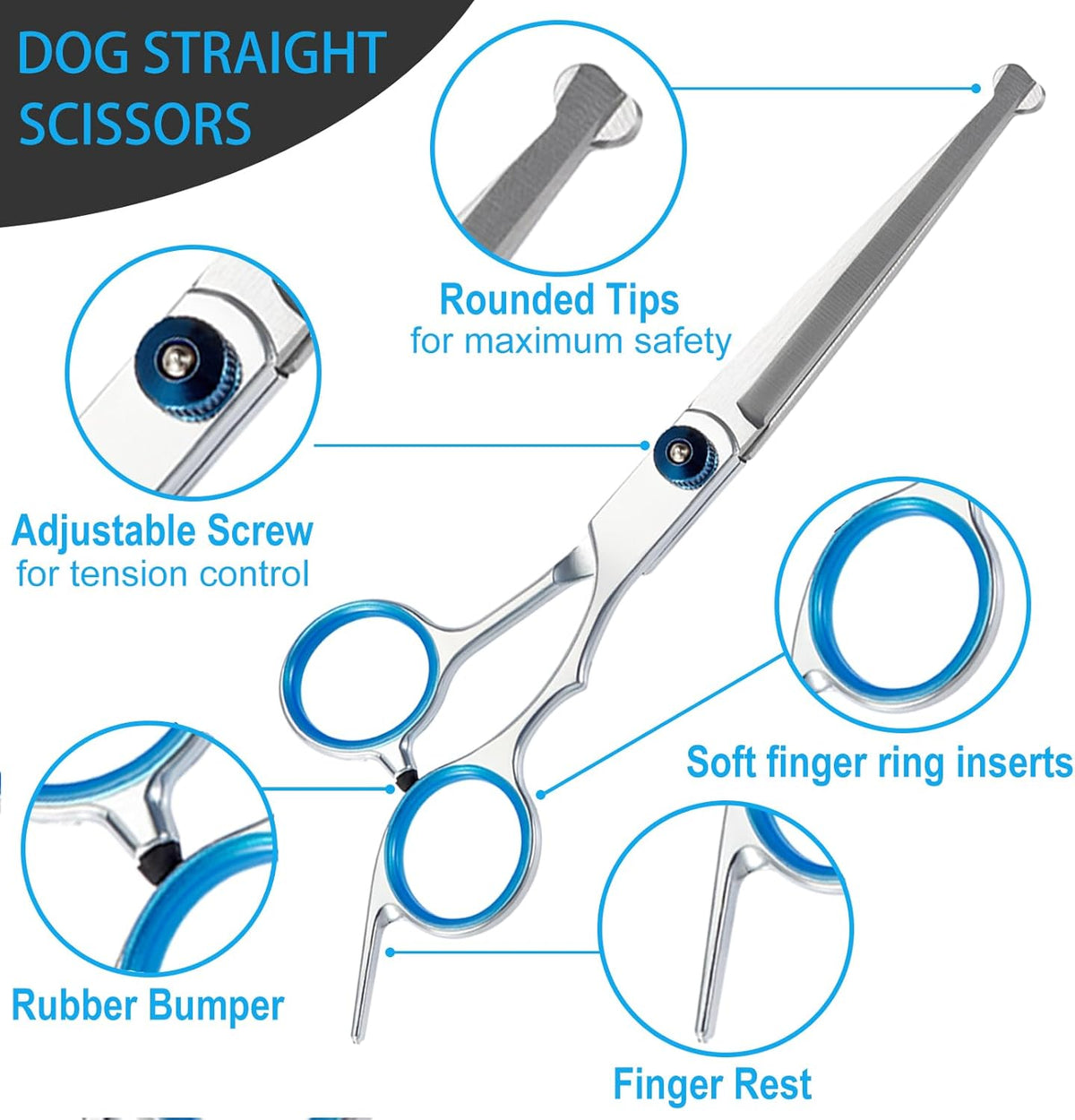 5 in 1 Premium Dog Grooming Scissors, Professional Dog Scissors for Grooming with Safety round Tips,  Stainless Steel Thinning Shears, Pet Cat Shears for Grooming Kit