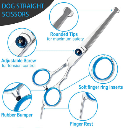 5 in 1 Premium Dog Grooming Scissors, Professional Dog Scissors for Grooming with Safety round Tips,  Stainless Steel Thinning Shears, Pet Cat Shears for Grooming Kit