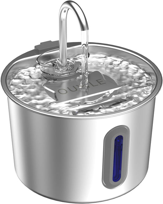 Stainless Steel Cat Fountain - 2.2L/74Oz Ultra-Quiet Drinking Automatic Pet Water Fountain with Replacement Filters Cat Water Fountain with LED Window for Cats and Small Dogs